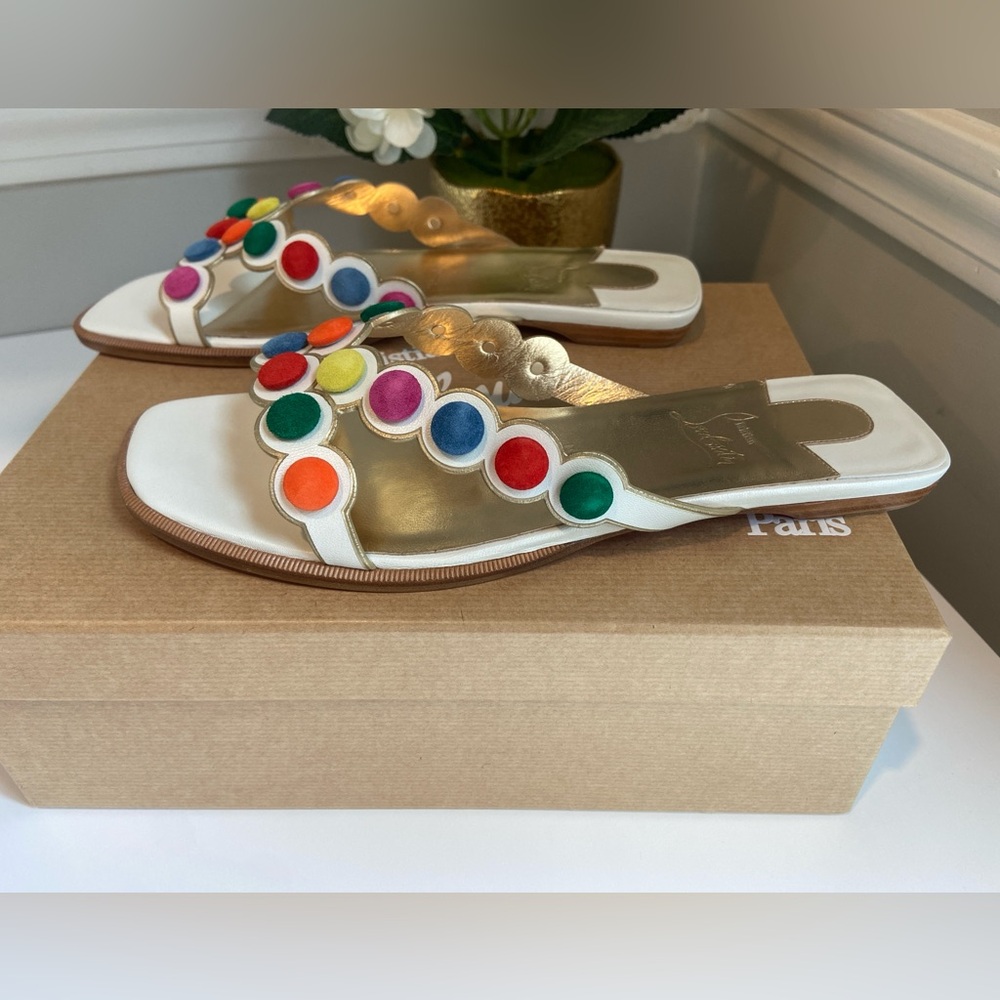 Christian Louboutin White Sandal Slides with Multicolor Accent Discs